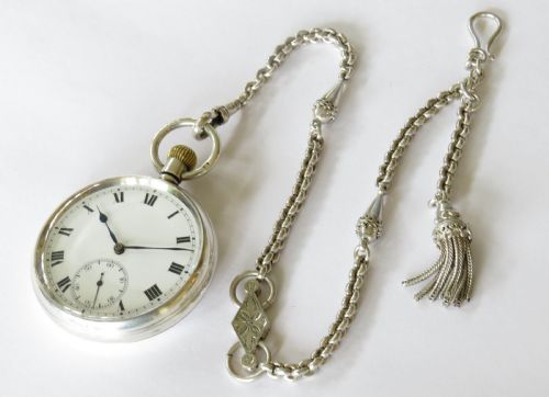 fig 1. Vintage 1930s silver Syren pocket watch and chain