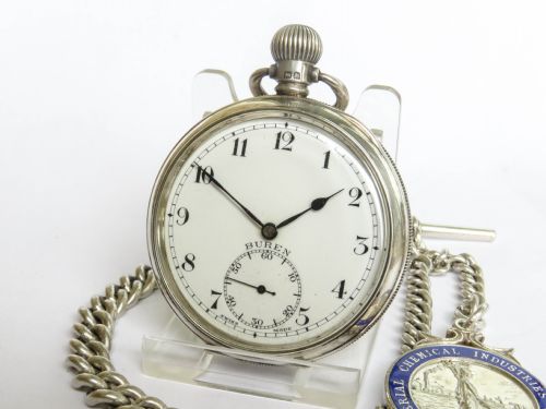 fig 1. Silver Buren pocket watch, chain and fob