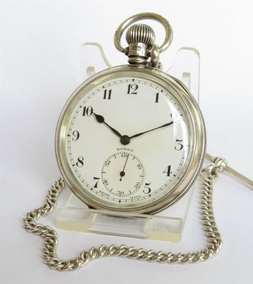 1933 Silver Buren Pocket Watch and Chain