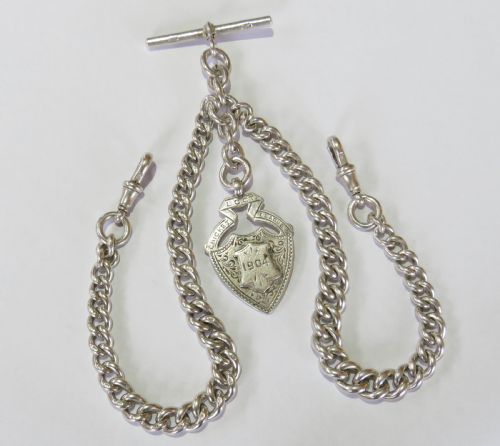 Antique 1908 Silver Double Watch Albert Chain and Fob