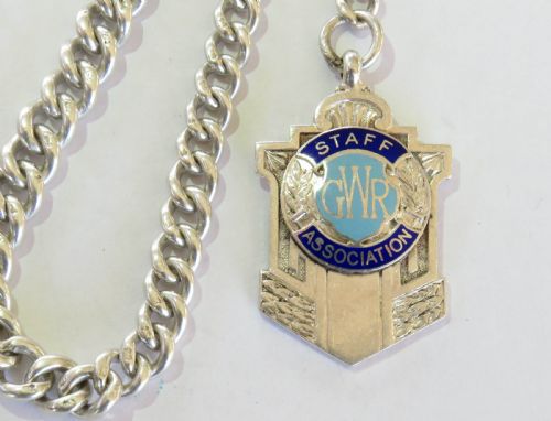 fig 1. Single silver pocket watch chain & GWR fob