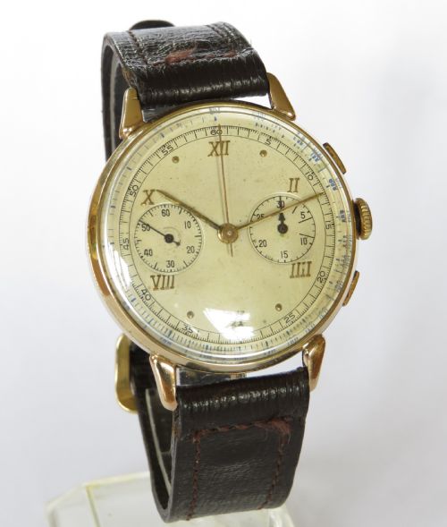 fig 1. Gents 9ct gold Landeron chronograph wrist watch