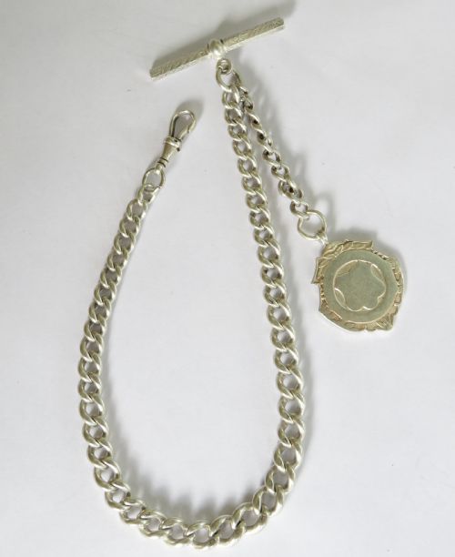 Antique Single Silver Pocket Watch Chain and Fob