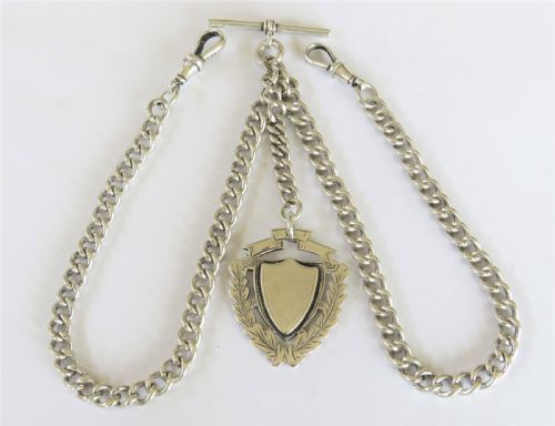 Antique Silver Double Watch Chain and Fob
