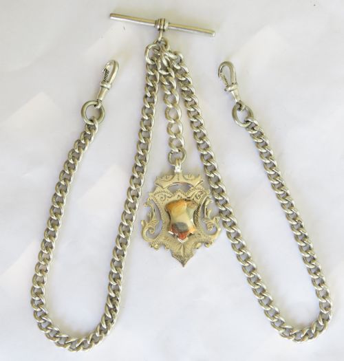 Antique Silver Double Watch Albert and Fob