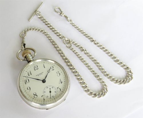 fig 1. Antique silver Waltham pocket watch and chain