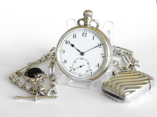 1929 Silver Pocket Watch with Chain and Vesta Case