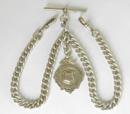 1920s Silver Double Watch Chain and Fob