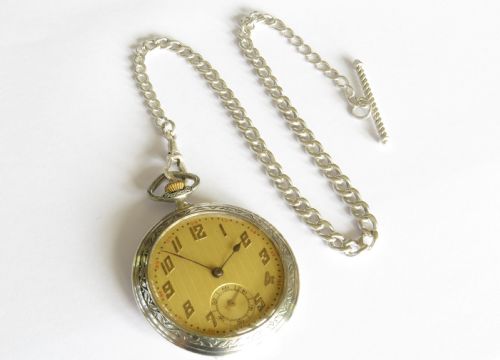 fig 1. 1930s silver Bauer pocket watch and chain