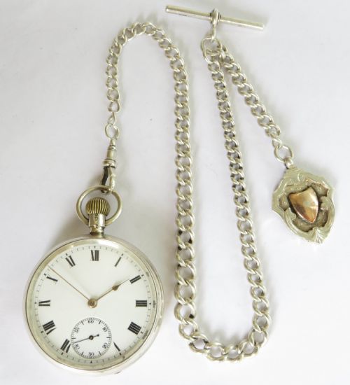 fig 1. Antique silver Waltham pocket watch & chain