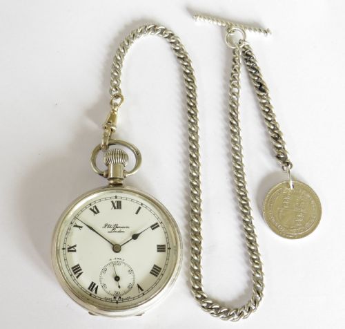 fig 1. Silver Smiths pocket watch for J W Benson & chain
