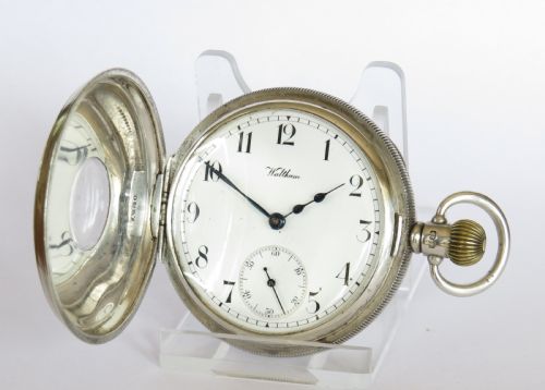 fig 1. Antique silver Waltham Traveler half hunter pocket watch