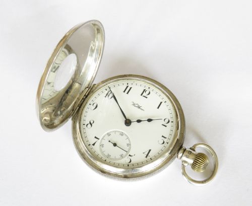 fig 2. Antique silver Waltham Traveler half hunter pocket watch