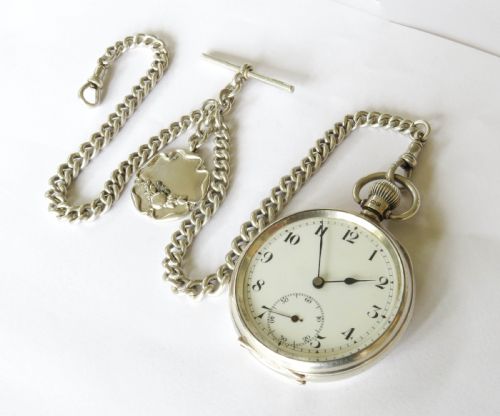 fig 1. Antique Swiss silver pocket watch and chain