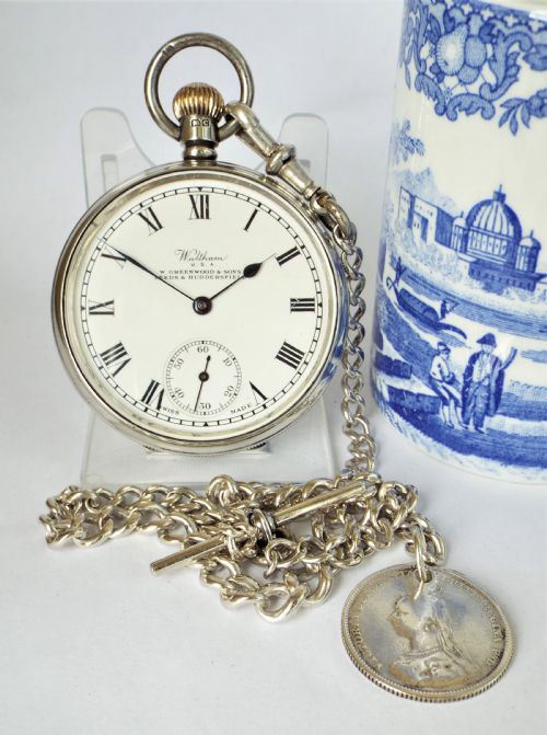 Antique Silver Waltham Pocket Watch and Chain.