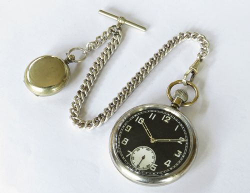 fig 1. WW2 Unitas military pocket watch, chain and compass