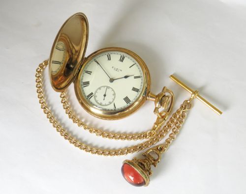 fig 1. Antique Elgin full hunter pocket watch and chain