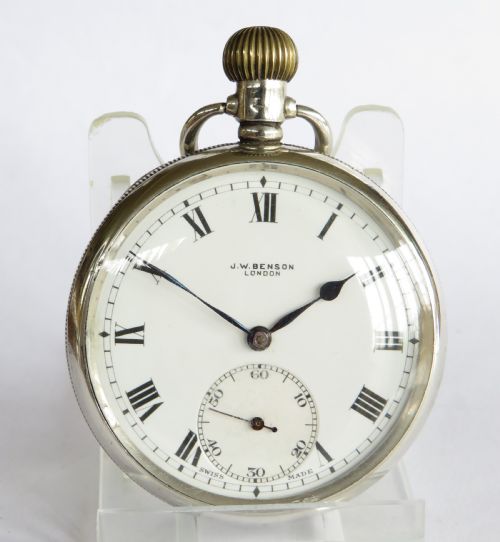 fig 1. Silver Revue pocket watch for J W Benson. 1930
