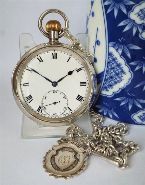 Antique  1919 Silver  Syren Pocket Watch & Chain.