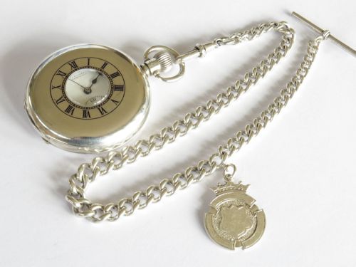 fig 1. Antique silver half hunter pocket watch and chain