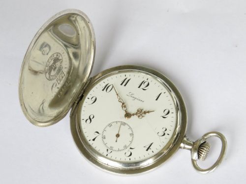 fig 1. Antique Longines silver full hunter pocket watch, 1906