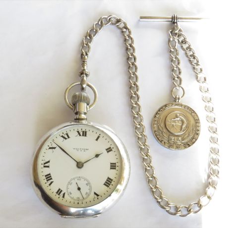 fig 1. Antique silver Waltham pocket watch and chain 1919.
