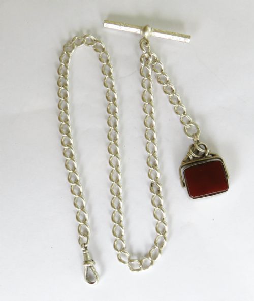 1930s Silver Watch Chain and Swivel Fob
