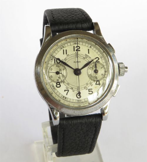 fig 1. Gents 1940s Alpha Landeron 3-button chronograph wrist watch