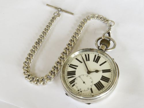 fig 1. Antique silver goliath Stauffer pocket watch and chain