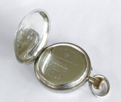 fig 2. Antique silver Longines pocket watch retailed by J W Benson, 1909