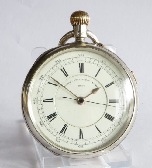 fig 1. Antique English silver pocket watch, Pennington, Hyde