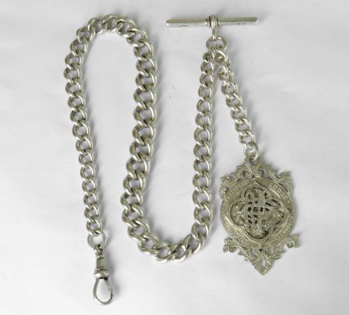 Antique Silver Watch Chain and Masonic Fob