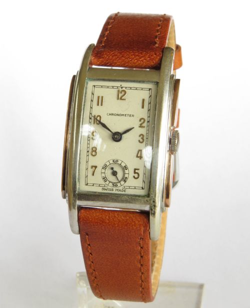 Art Deco Stainless Steel and Rose Gold Curvex Chronometer Wrist Watch