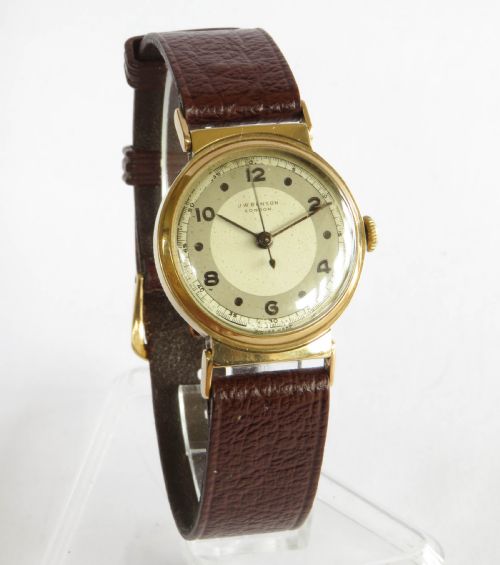fig 1. J W Benson 9ct gold mid-size wrist watch, 1949
