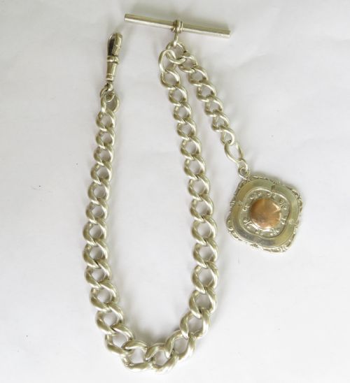 Antique Single Silver Watch Chain and Fob