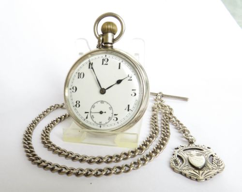 1934 Silver Record Pocket Watch with Chain
