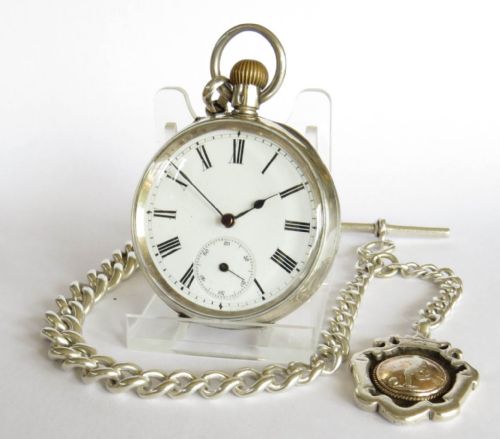 Antique Silver Pocket Watch, Chain & Football Fob