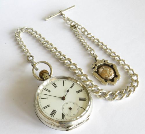 fig 1. Antique silver pocket watch, chain & football fob