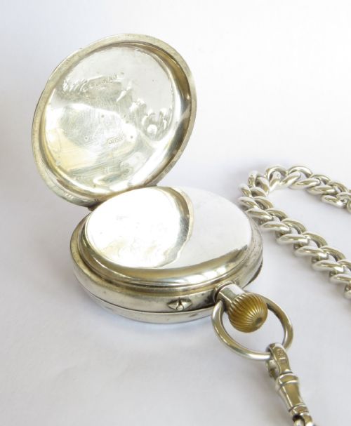 fig 3. Antique silver pocket watch, chain & football fob