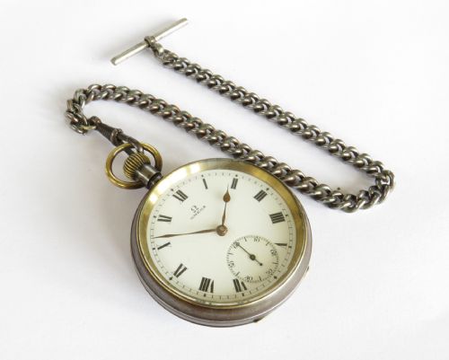 fig 1. Antique gun metal Omega pocket watch and chain