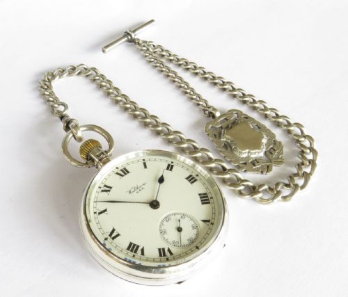 fig 1. Antique silver Waltham pocket watch and chain