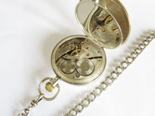 fig 2. Antique silver Waltham pocket watch and chain