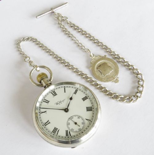 fig 1. Antique silver Waltham pocket watch and chain