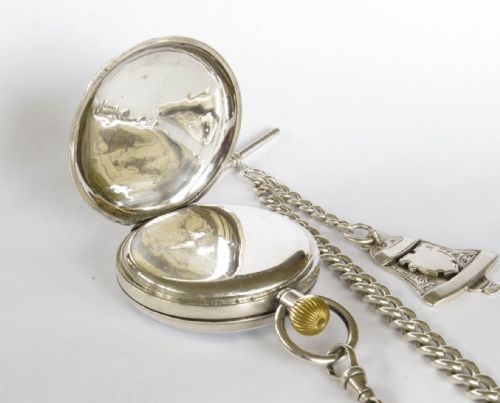 fig 3. Antique silver Limit pocket watch, chain & bell fob
