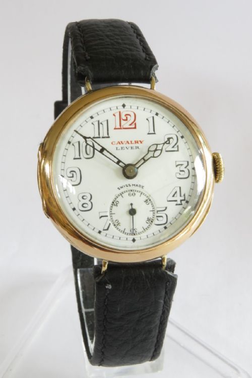fig 1. Gents antique 14kt gold Cavalry Lever wrist watch