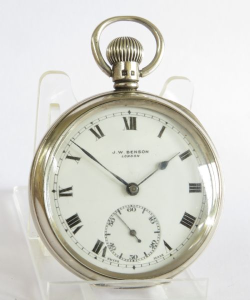 fig 1. Antique silver Cyma pocket watch for J W Benson, 1935