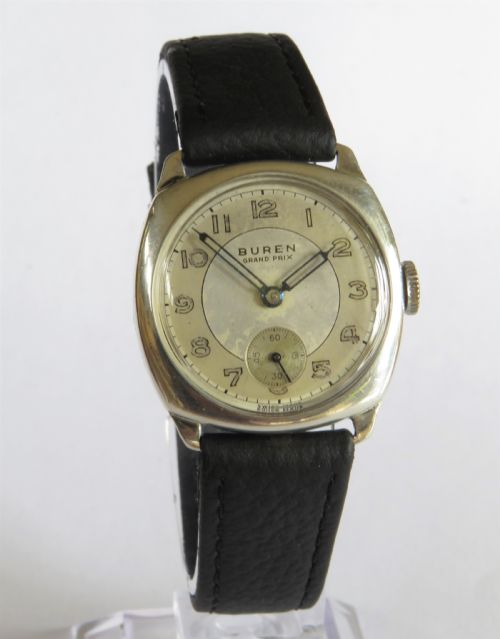 fig 1. 1954 mid-size silver Buren Grand Prix wrist watch