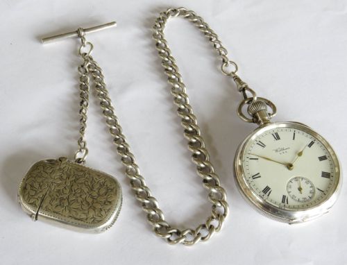 fig 1. Antique Waltham Traveler pocket watch and chain
