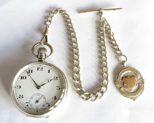 fig 1. 1930s Unitas silver pocket watch and chain