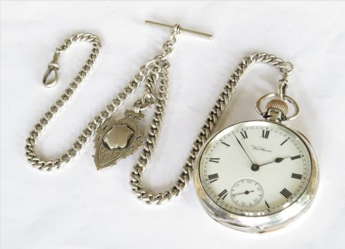 fig 1. 1940s silver Waltham pocket watch & chain